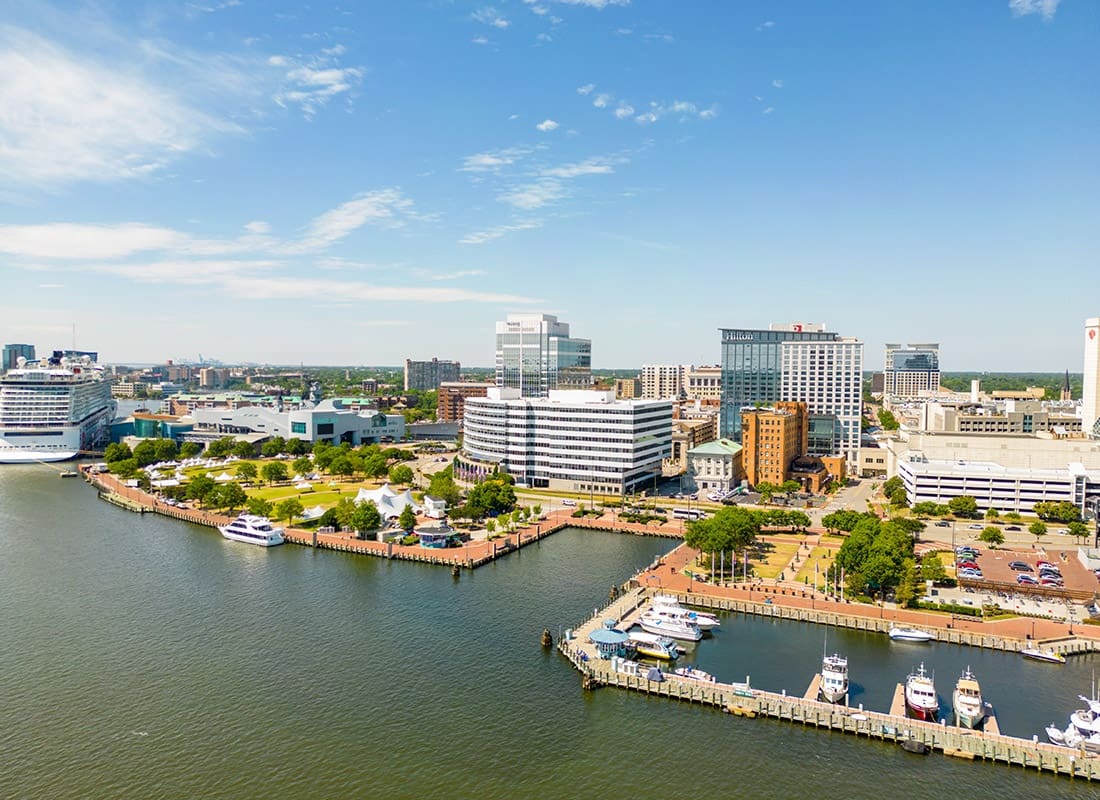 Norfolk, VA - Aerial View of Norfolk, VA Waterside District on a Sunny Day